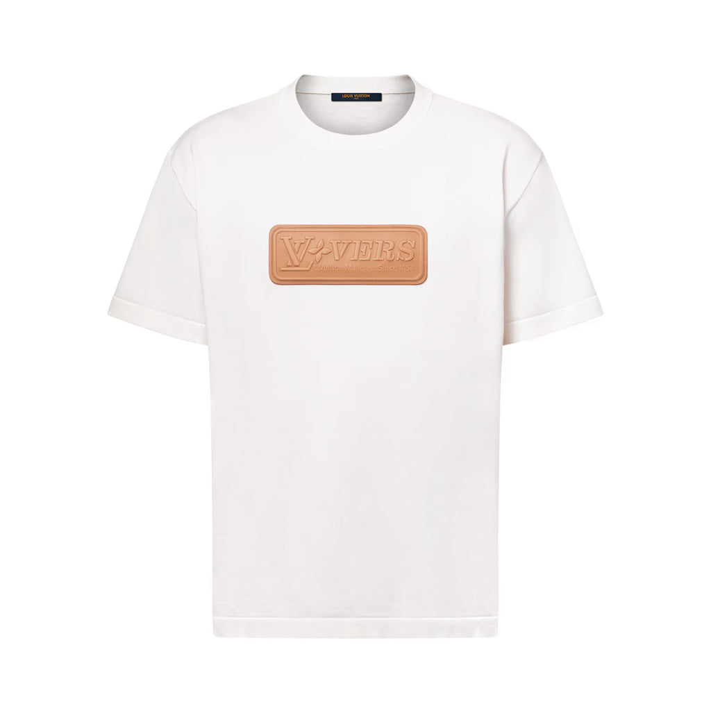 Louis Vuitton Men's Summer Leather Applique Solid Color Cotton Round Neck Short Sleeve T-Shirt #75636