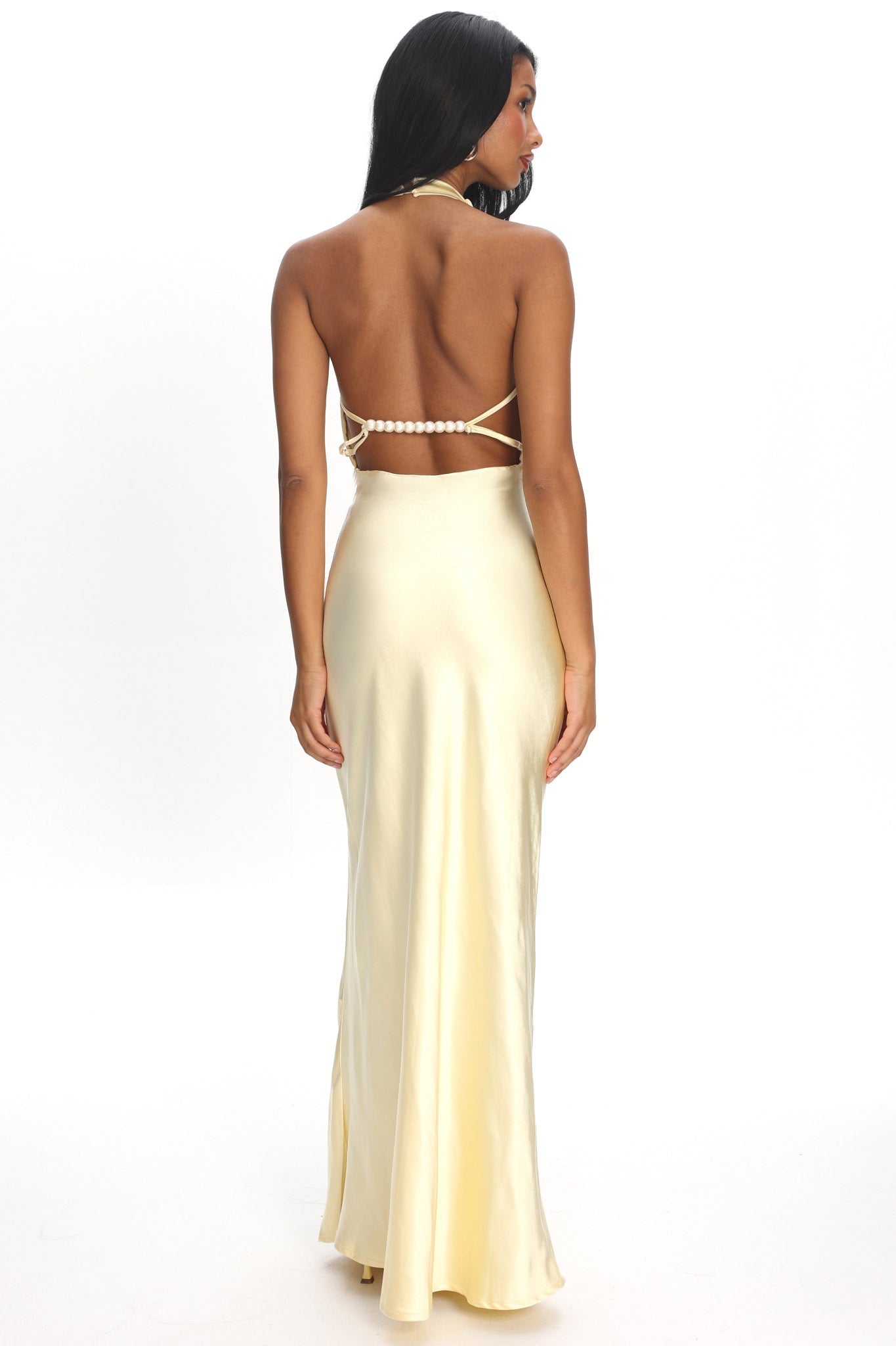Gelato Pearl Strap Halter Maxi Dress Butter