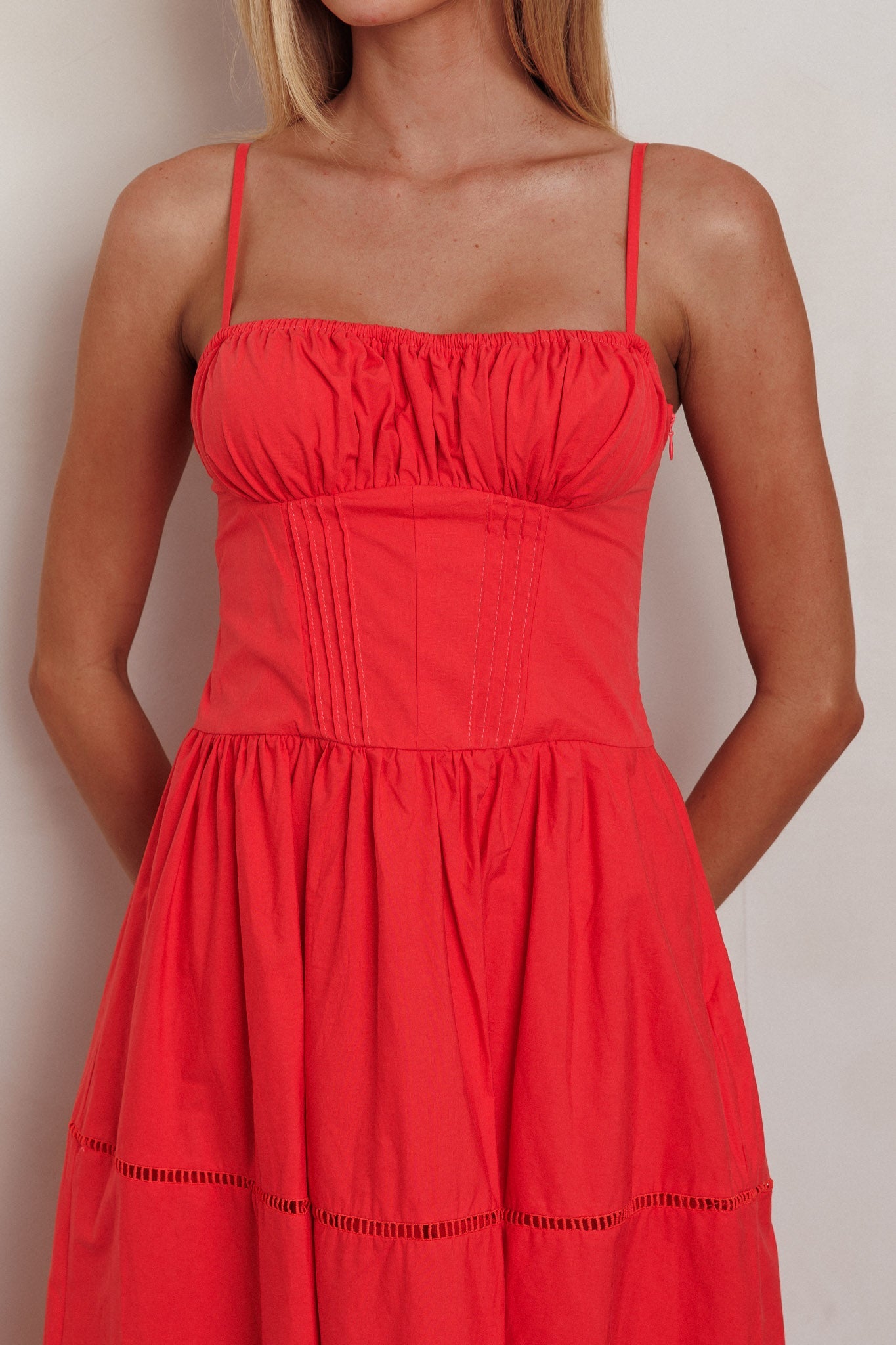 Heavenly Glow Gathered Bust A-Line Maxi Dress Red