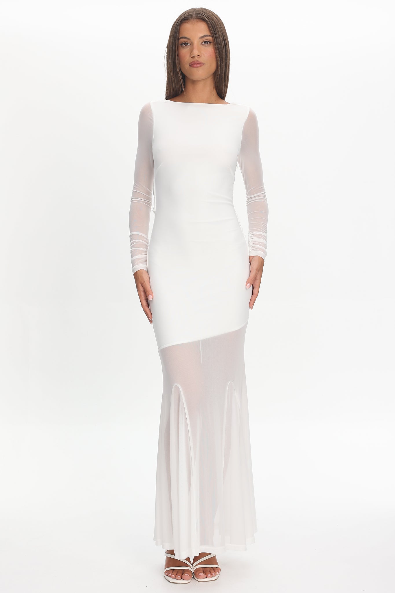 Lustre Long Sleeve Open Back Maxi Dress White