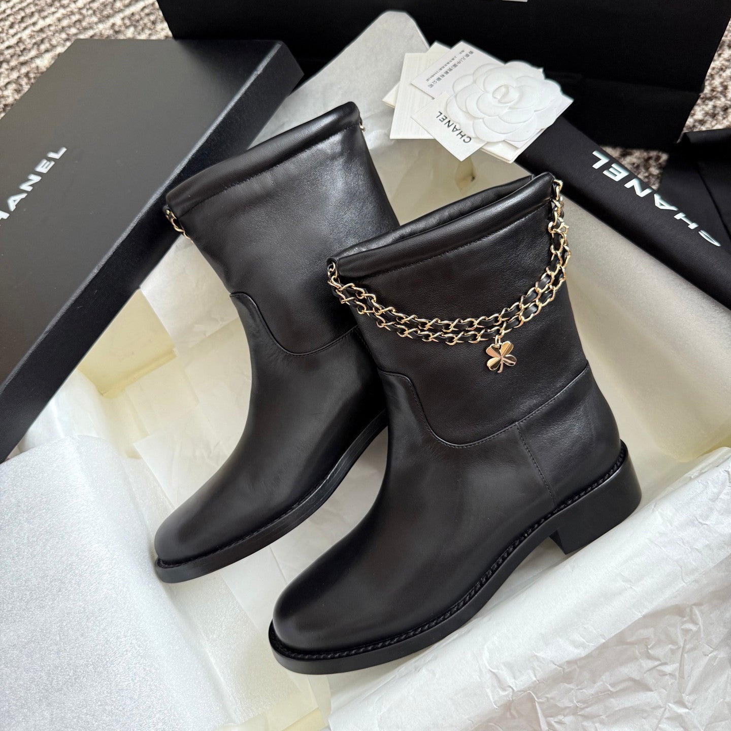 Chanel Women's Fall/winter Fashion Classic Solid Color Leather Suede Round Toe Cuffed Chunky Heel Chain Pendant Ankle Boots Shoes #79218