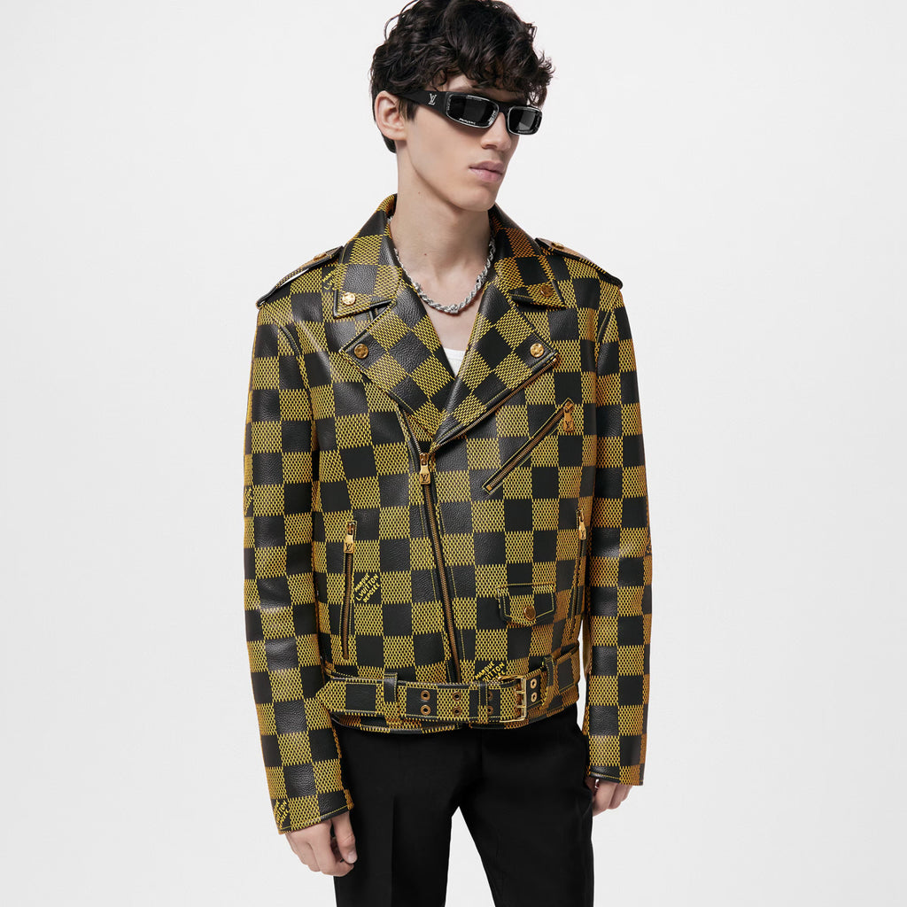 Louis Vuitton Men's Autumn and Winter Checkerboard Print Zipper Short Lapel Long Sleeve Leather Jacket #73267