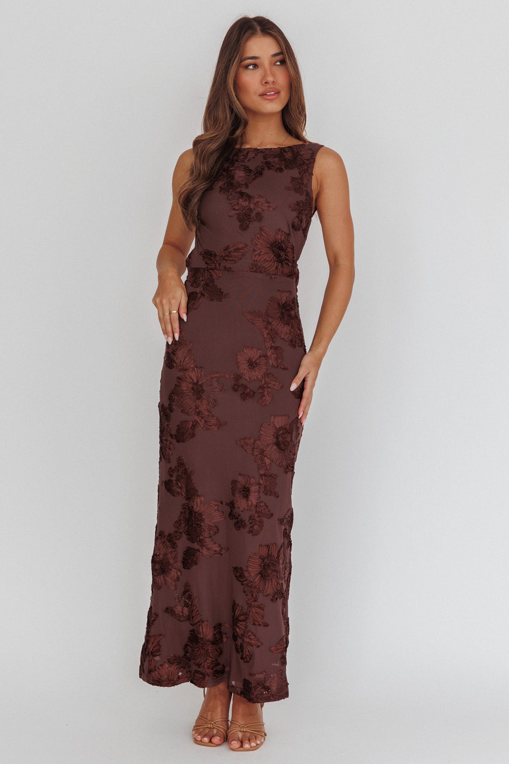 Helsi Low Back Maxi Dress Floral Chocolate