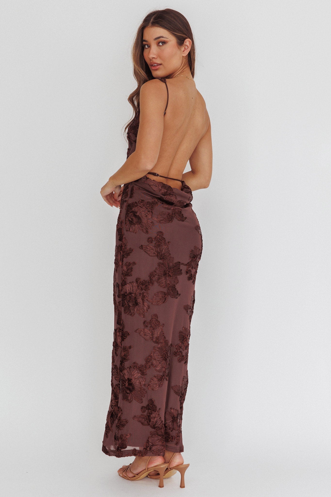 Helsi Low Back Maxi Dress Floral Chocolate