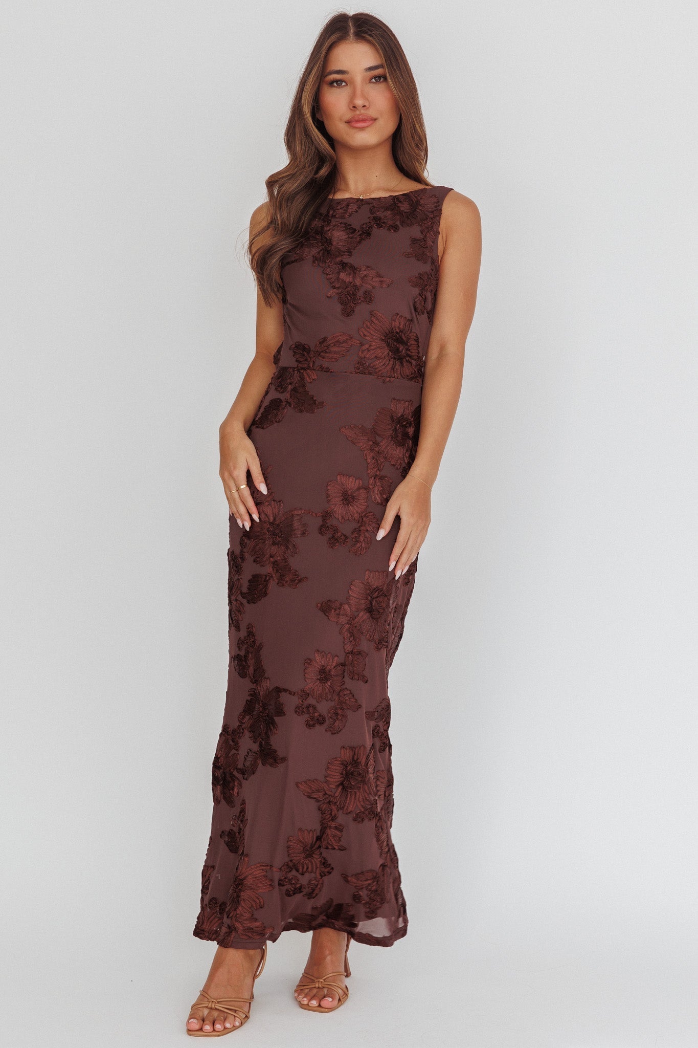 Helsi Low Back Maxi Dress Floral Chocolate