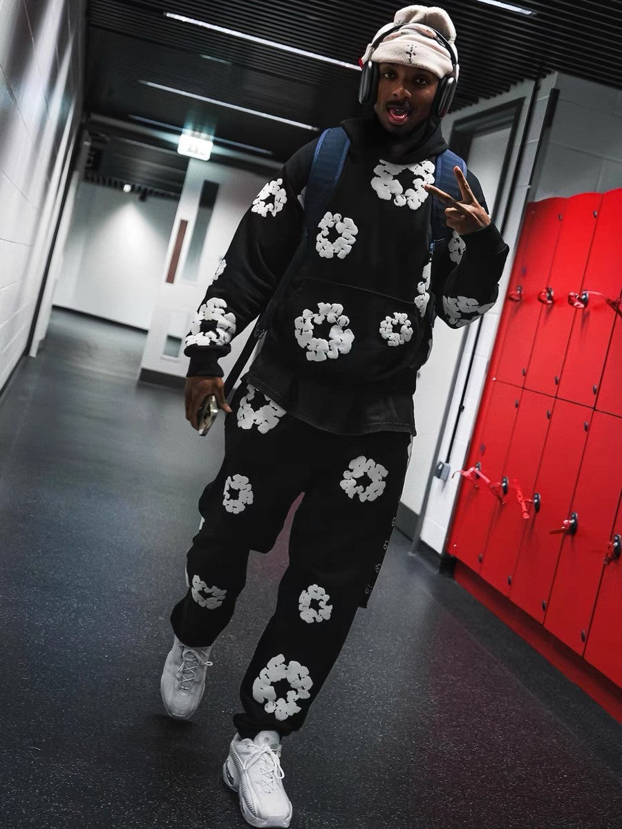 Denim Tears Men's Women's Spring & Autumn Floral Print Pocket Long Sleeve Solid Color Fit Cotton Hooded Sweatshirt Ngvp #8853