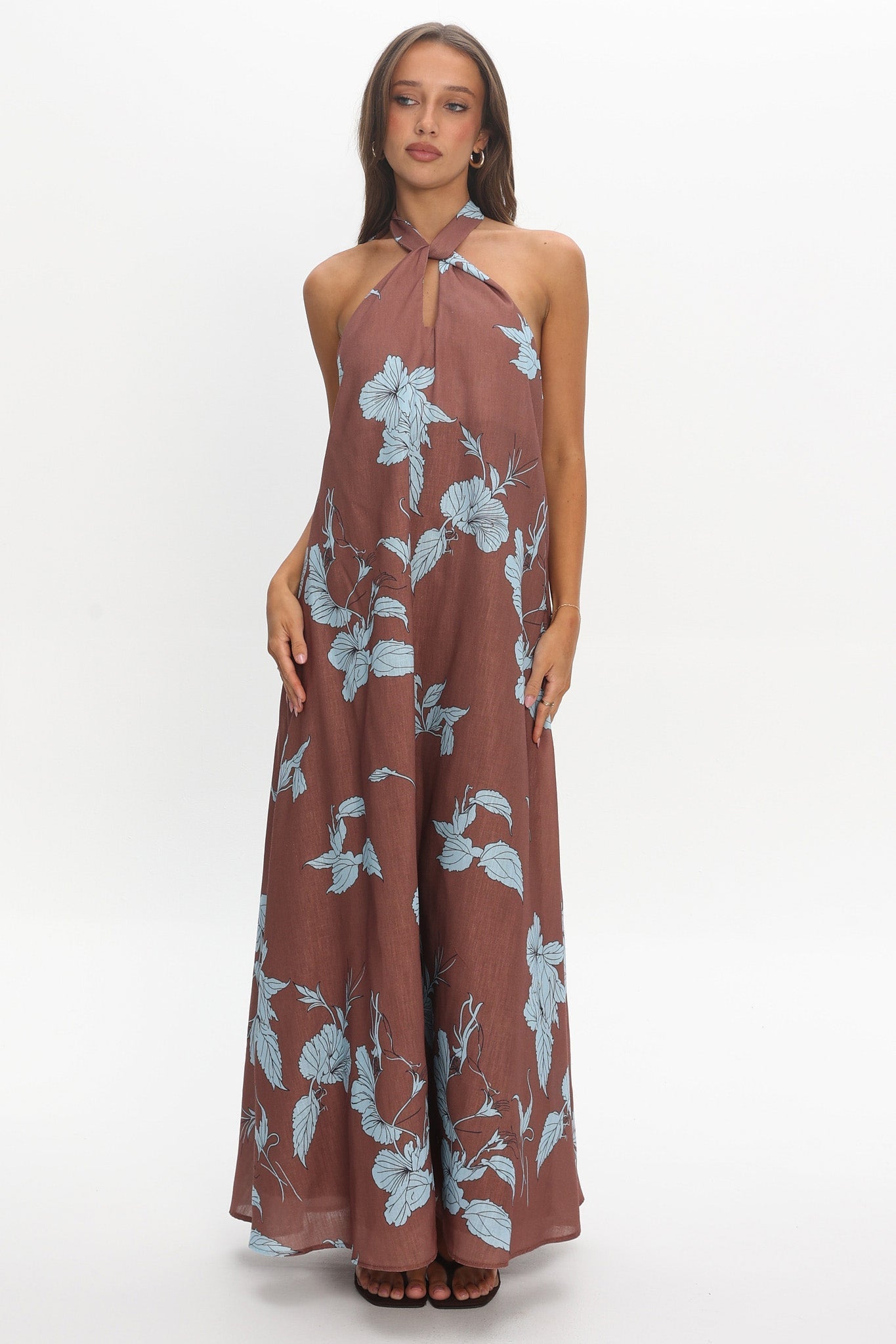 Cheer Backless Halter Maxi Dress Print Floral Chocolate