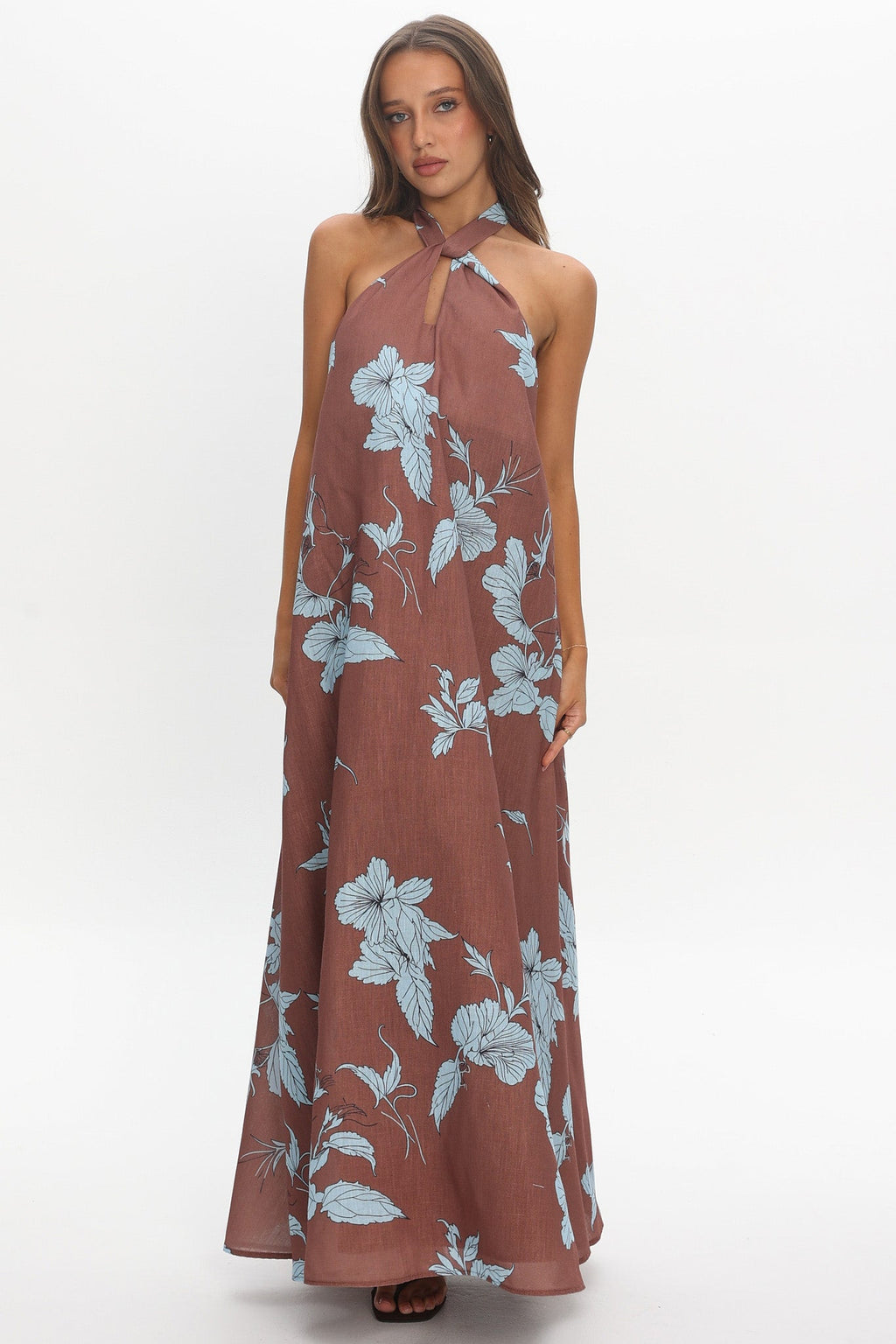 Cheer Backless Halter Maxi Dress Print Floral Chocolate