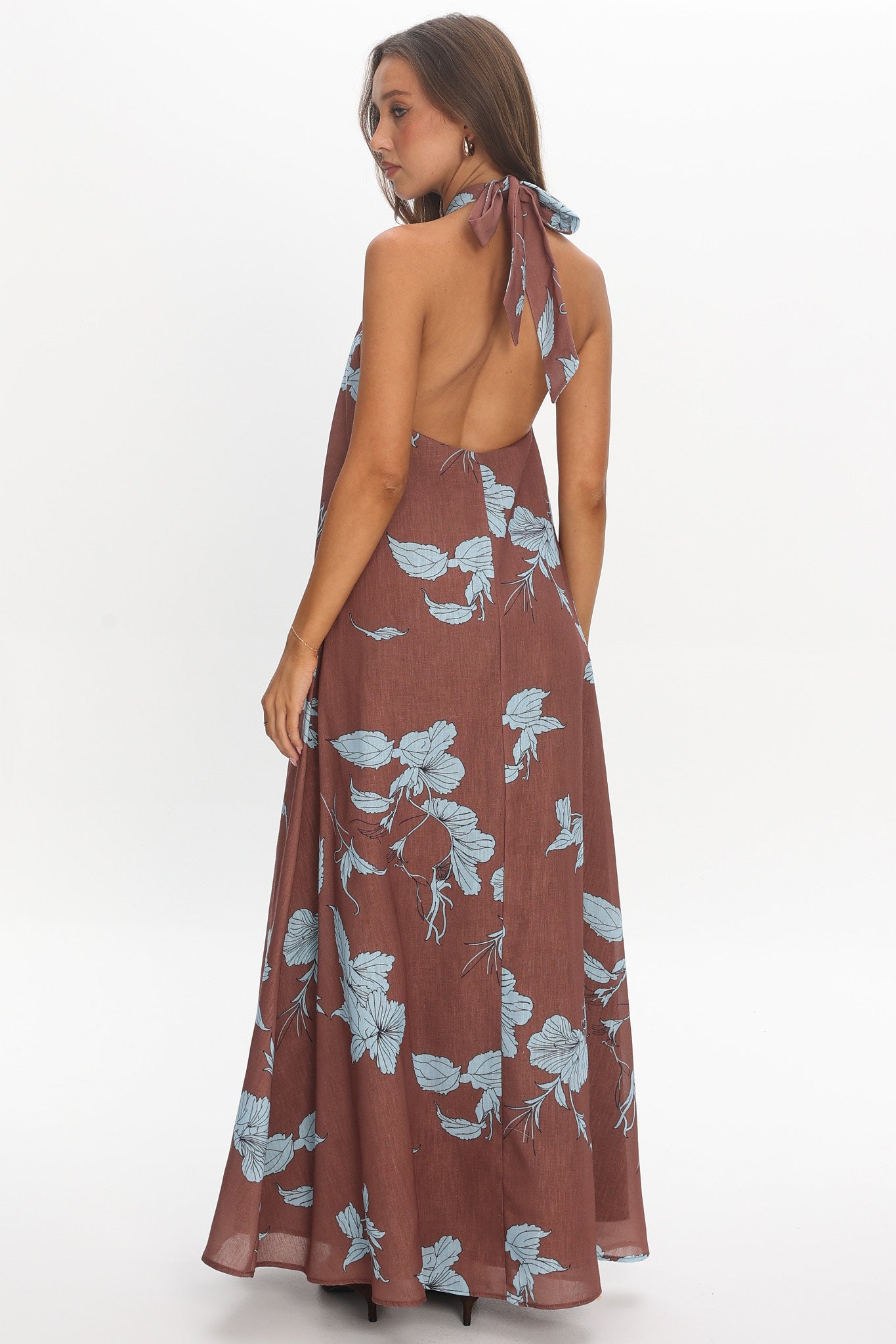 Cheer Backless Halter Maxi Dress Print Floral Chocolate
