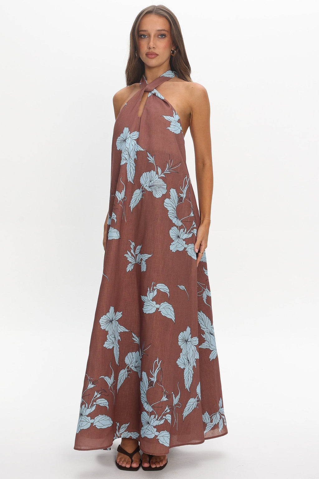 Cheer Backless Halter Maxi Dress Print Floral Chocolate