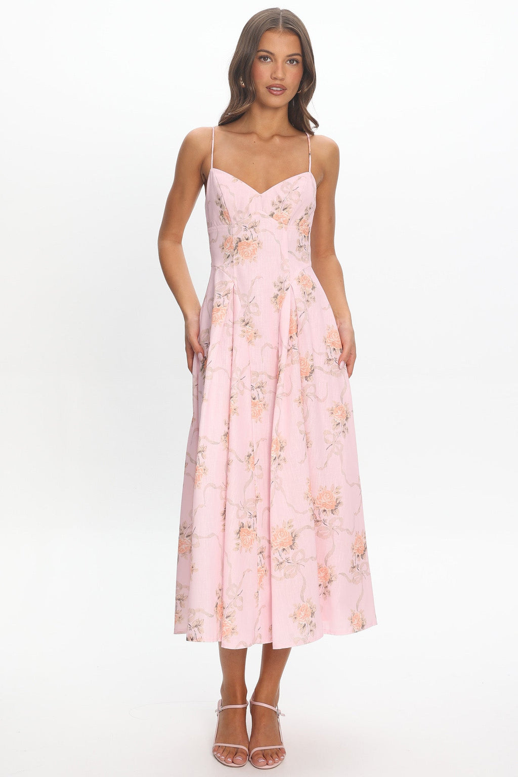 Get My Attention Pleat Waist Maxi Dress Bow Pink