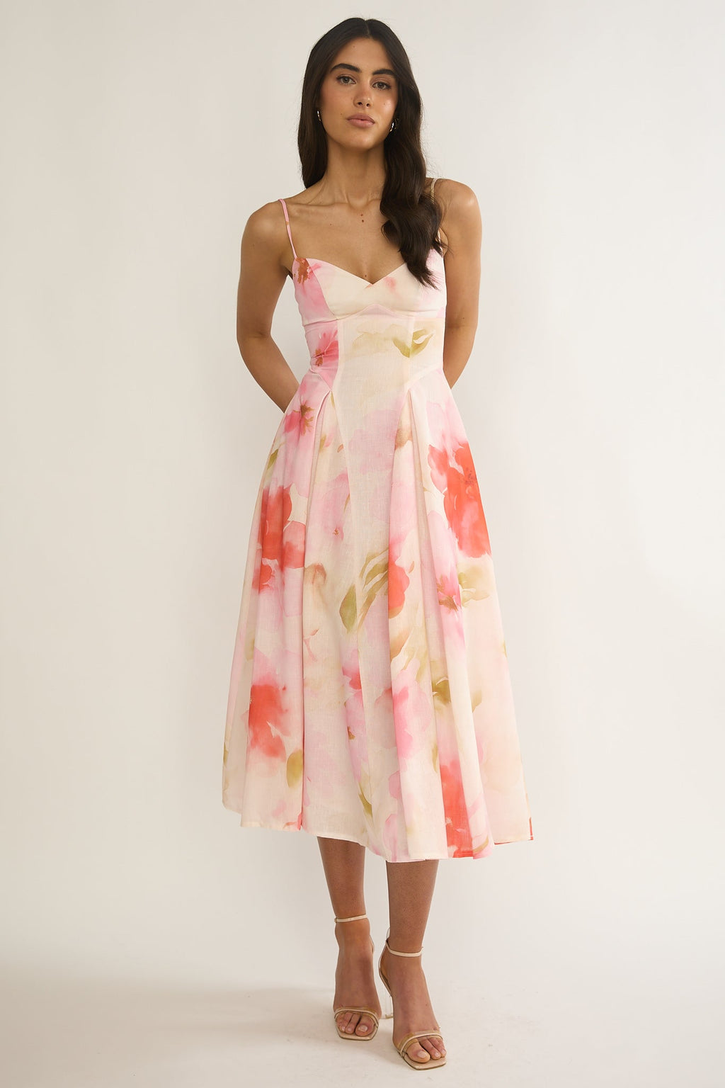 Get My Attention Pleat Waist Midi Dress Floral Pink