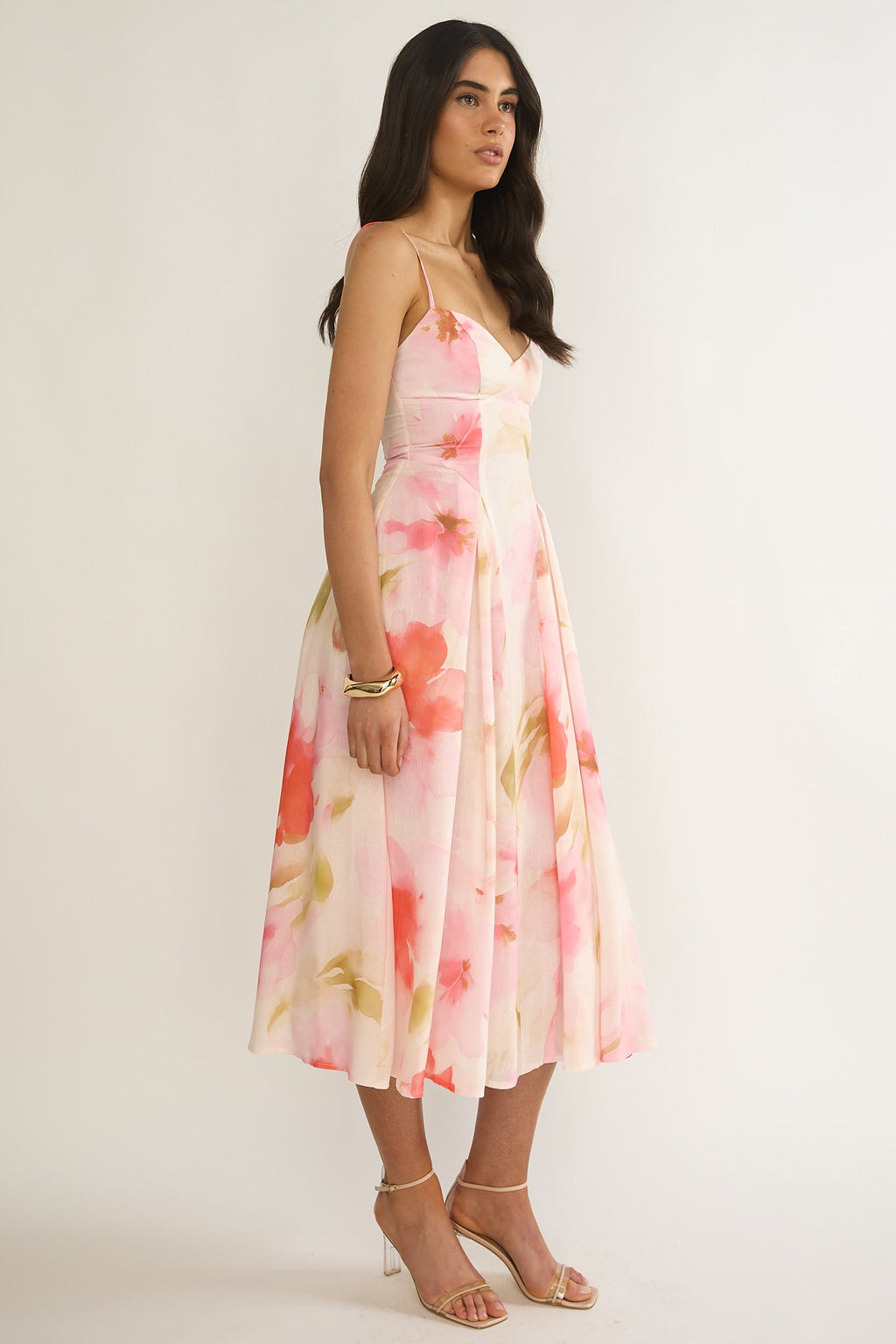 Get My Attention Pleat Waist Midi Dress Floral Pink