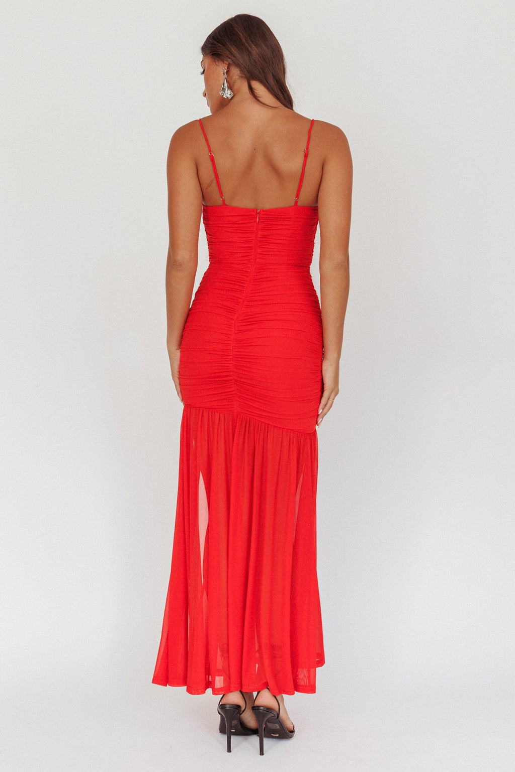 Stole The Show Ruched Mesh Maxi Dress Red