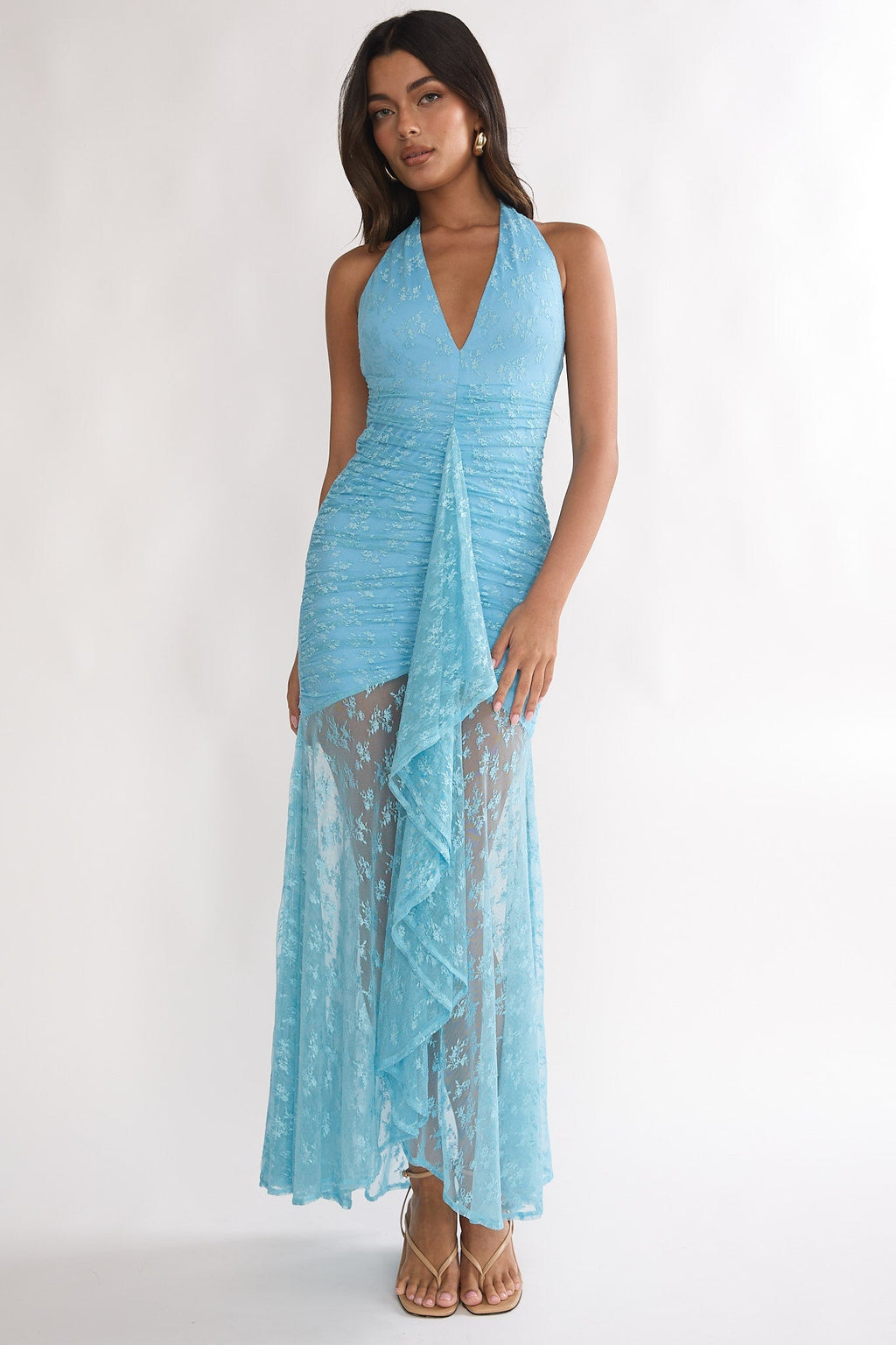 Kamilah Ruched Ruffle Maxi Dress Lace Teal