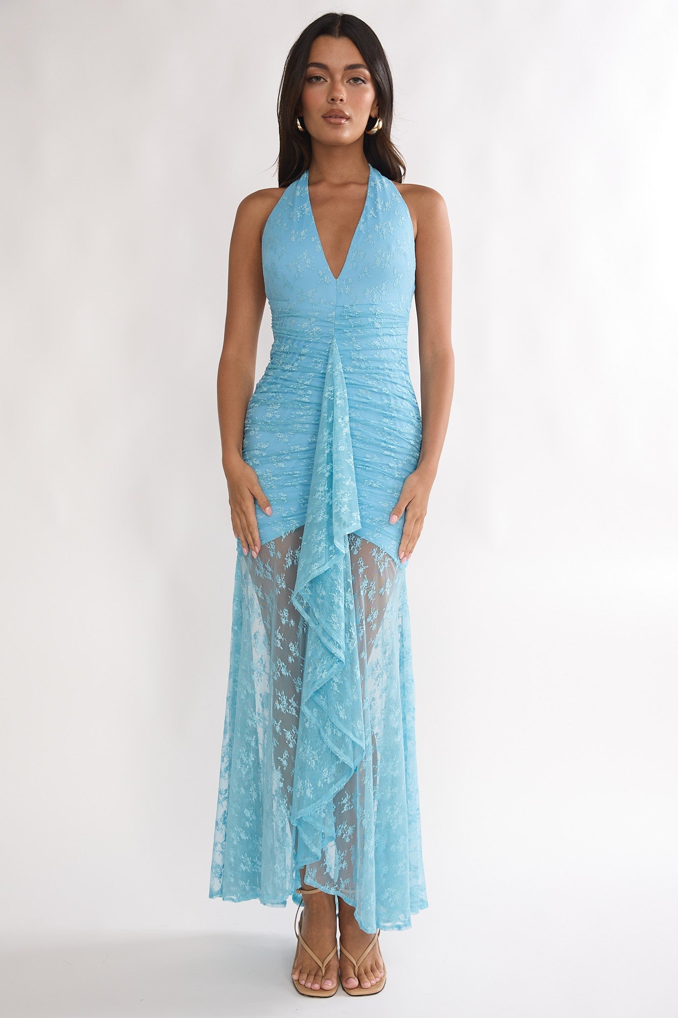 Kamilah Ruched Ruffle Maxi Dress Lace Teal