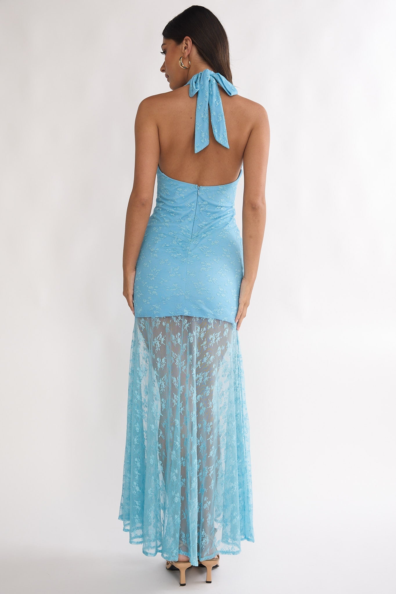 Kamilah Ruched Ruffle Maxi Dress Lace Teal