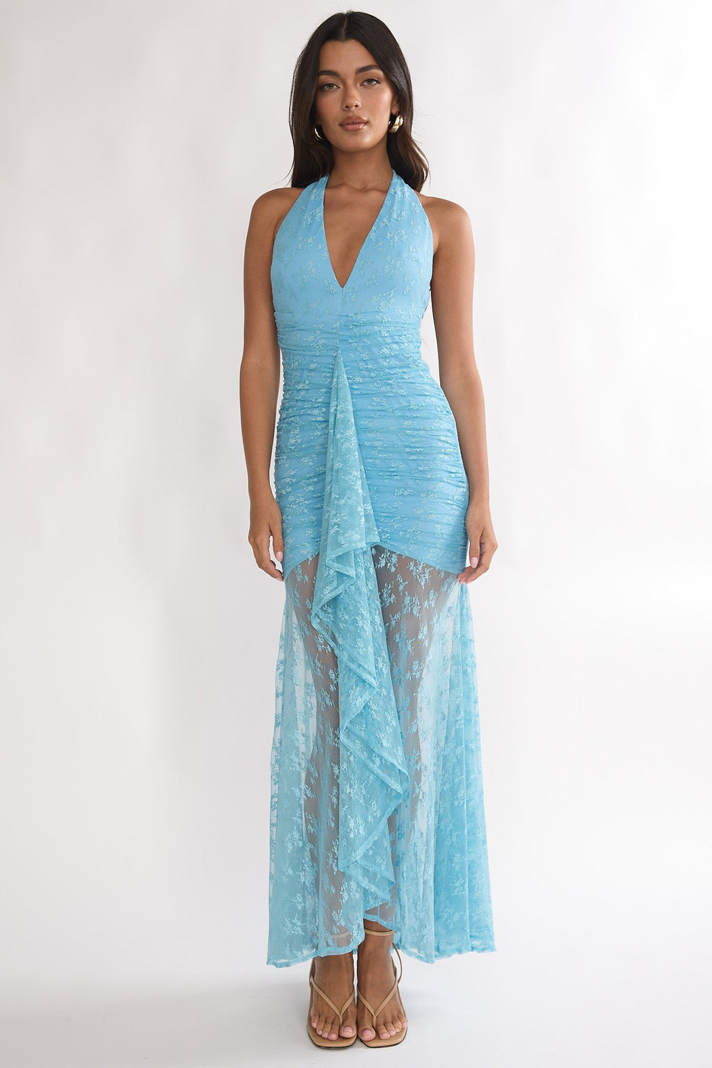 Kamilah Ruched Ruffle Maxi Dress Lace Teal