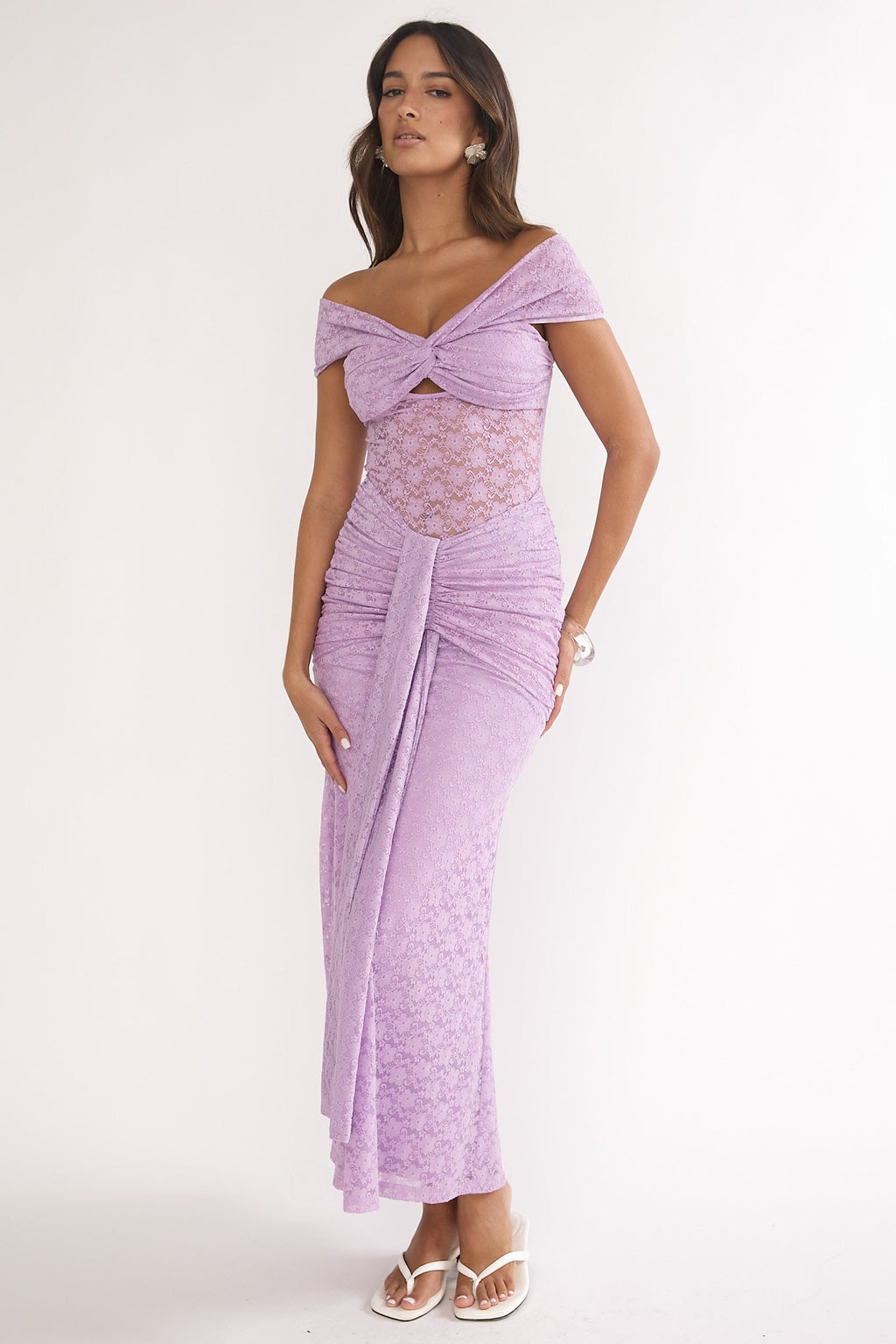 Kamilah Ruched Lace Maxi Dress Lilac