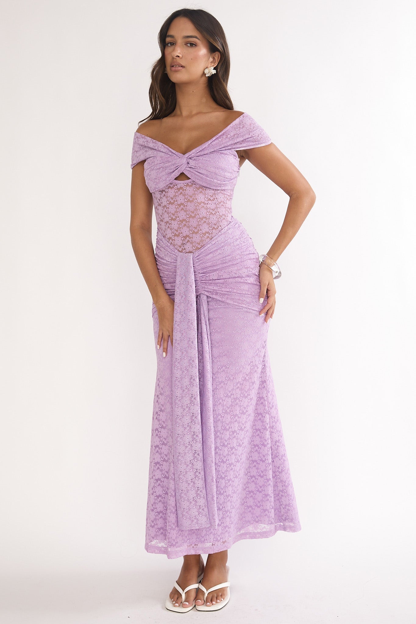 Kamilah Ruched Lace Maxi Dress Lilac
