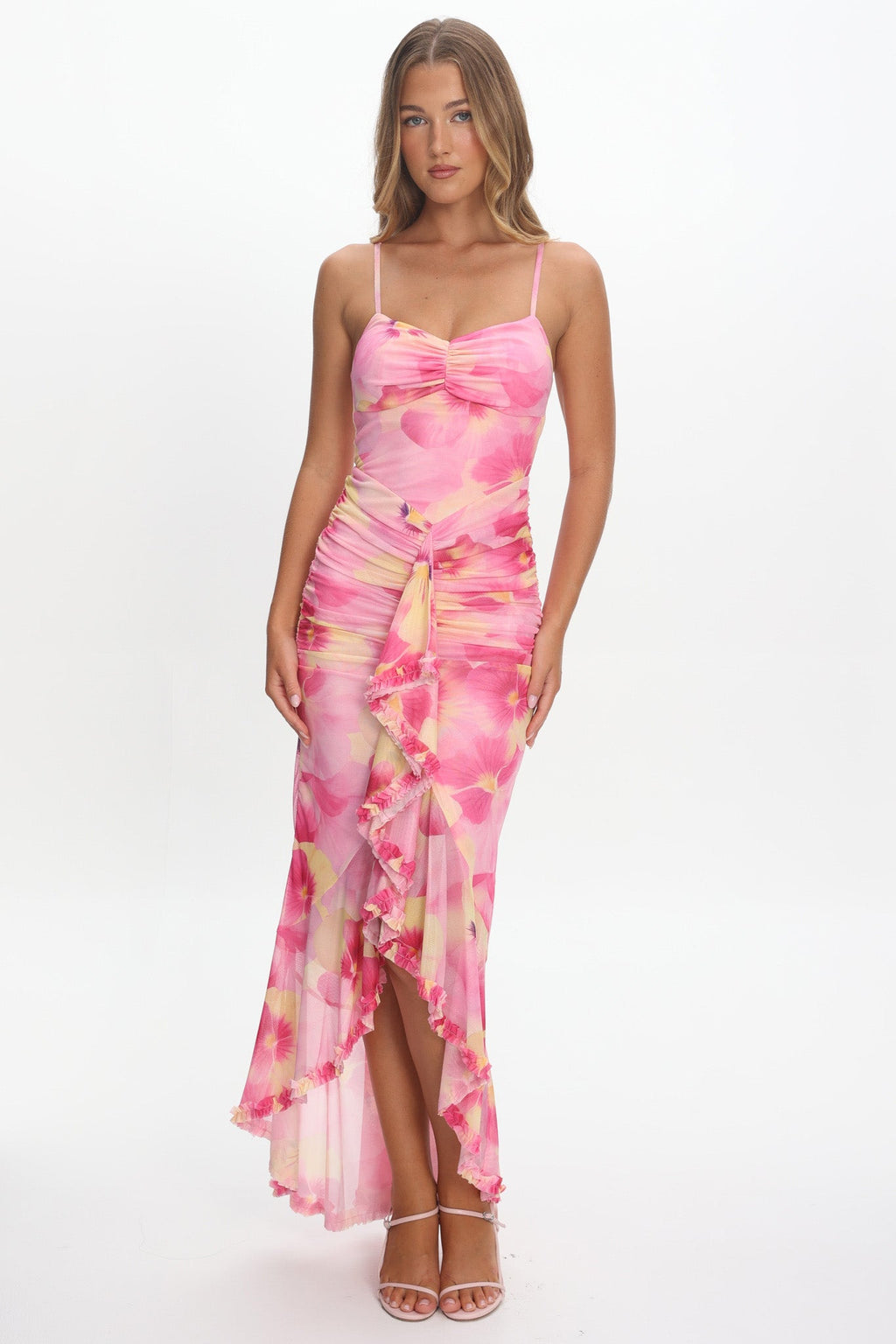 Kamilah Ruched Waist Ruffle Maxi Dress Print Pink