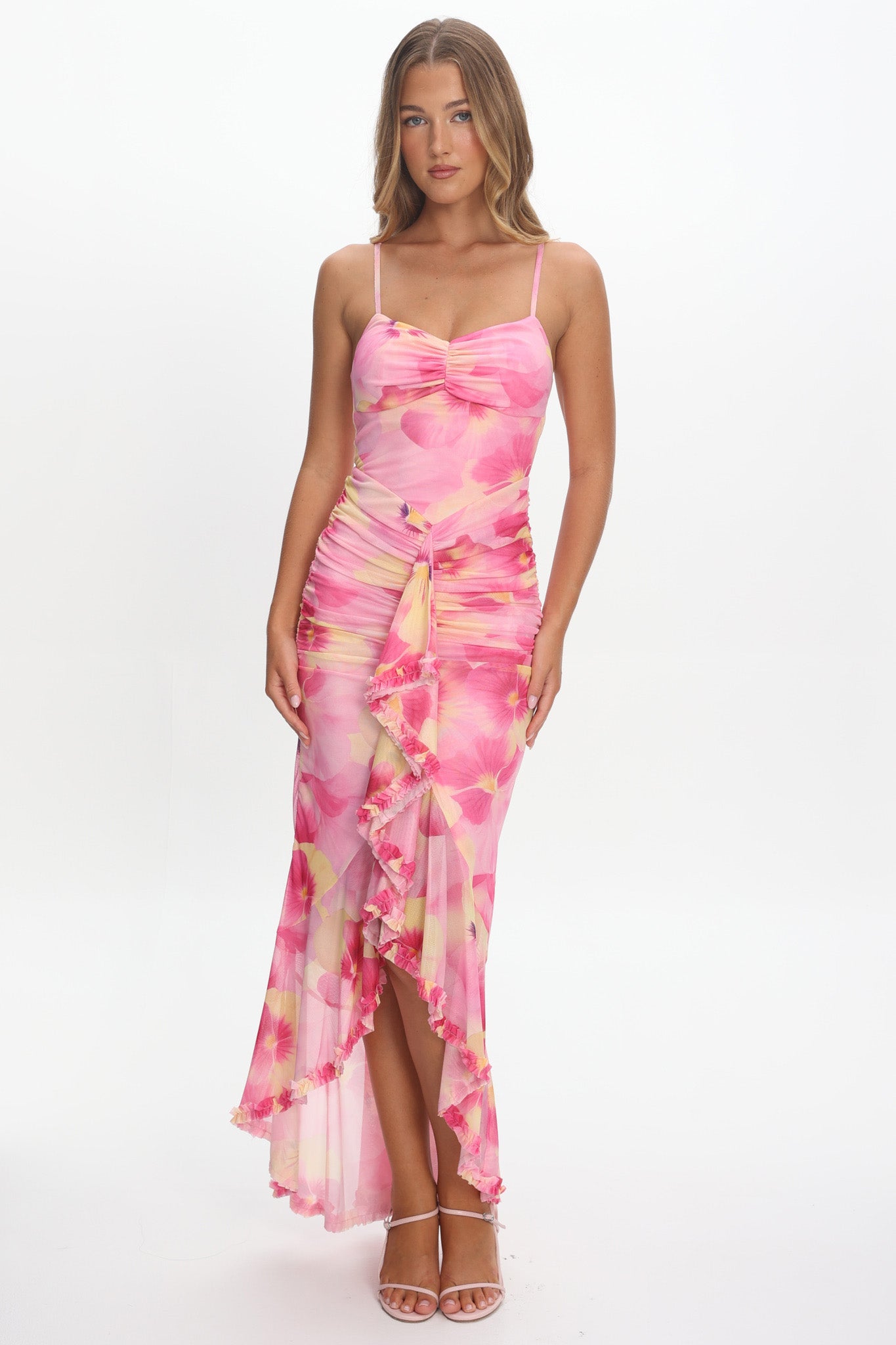 Kamilah Ruched Waist Ruffle Maxi Dress Print Pink