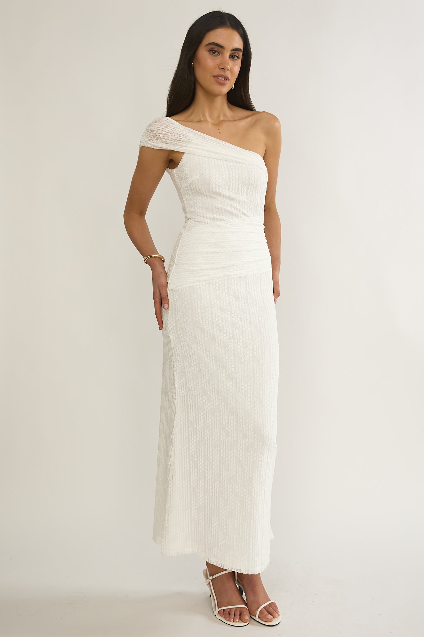 Gala One-Shoulder Textured Maxi Dress White