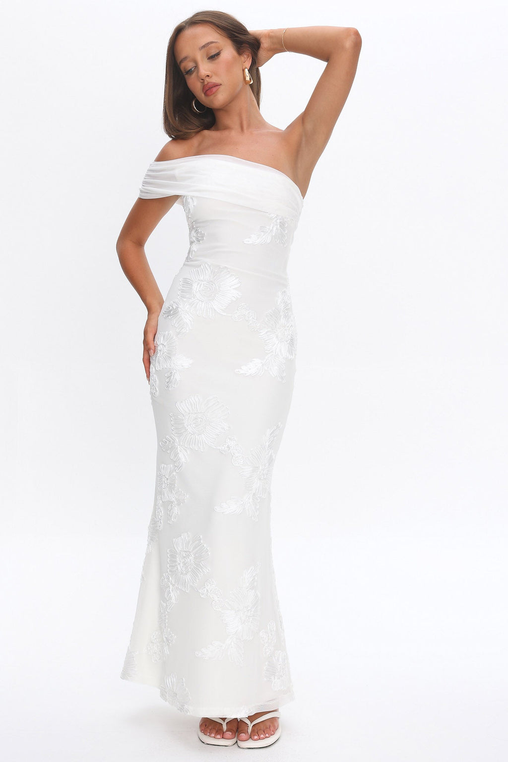 Gala One-Shoulder Maxi Dress Embellished White