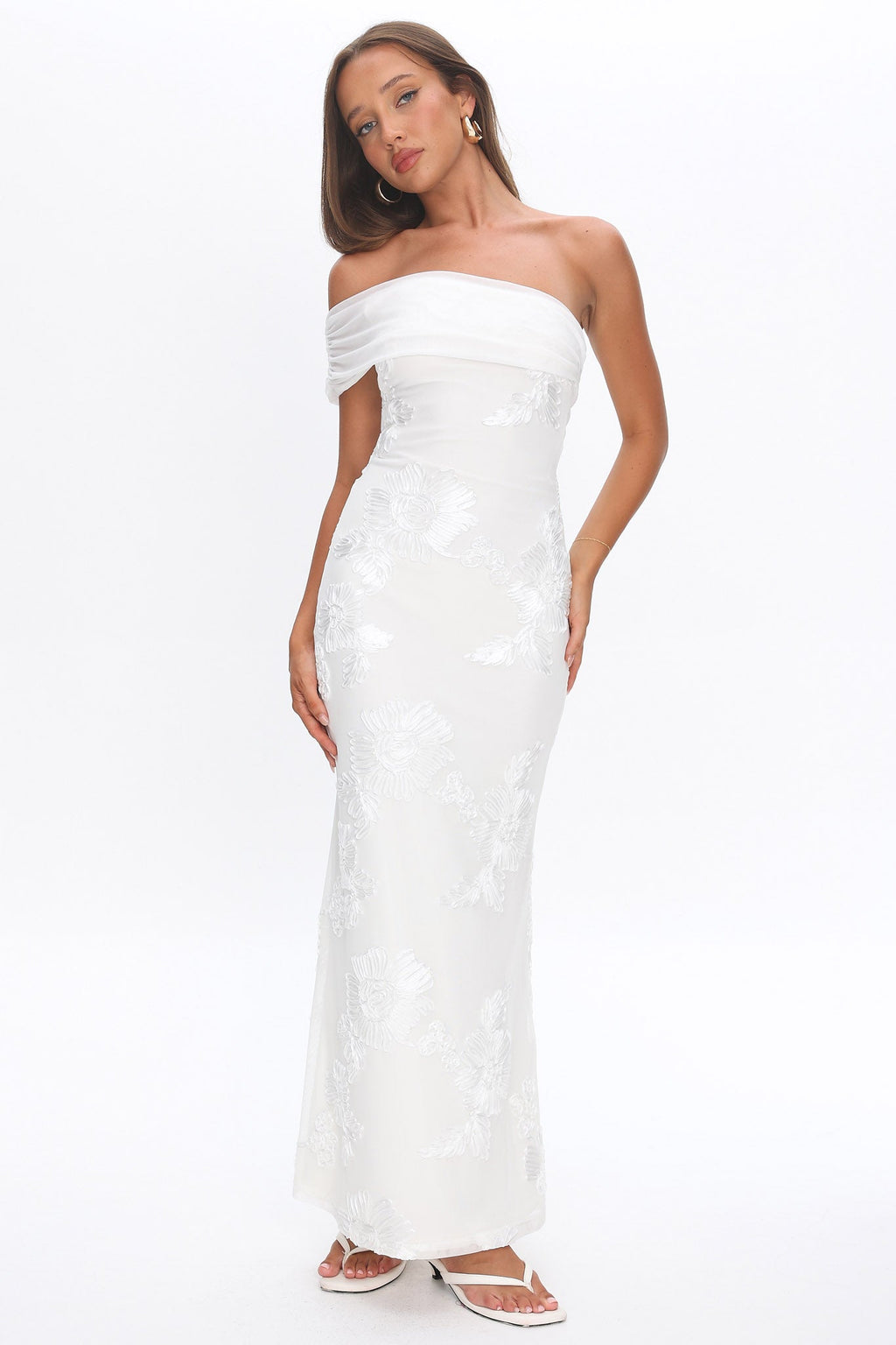Gala One-Shoulder Maxi Dress Embellished White