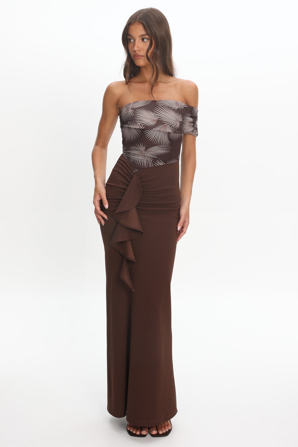 Gala One-Shoulder Ruffle Maxi Dress Brown