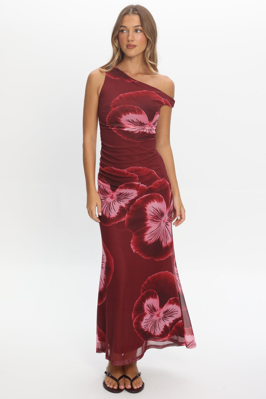 Gala Asymmetric Neckline Maxi Dress Floral Wine