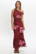 Gala Asymmetric Neckline Maxi Dress Floral Wine