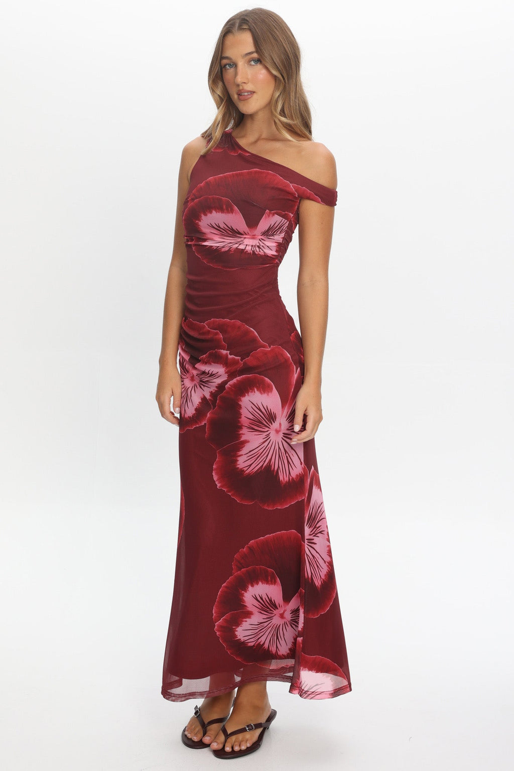 Gala Asymmetric Neckline Maxi Dress Floral Wine
