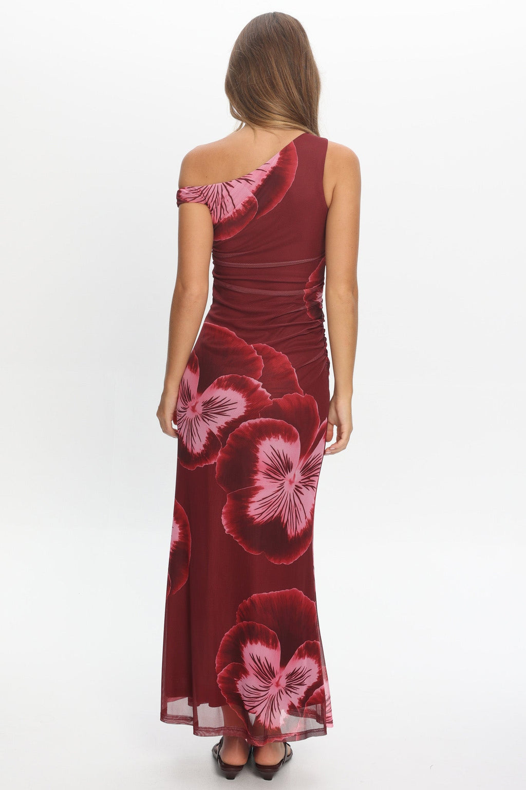Gala Asymmetric Neckline Maxi Dress Floral Wine