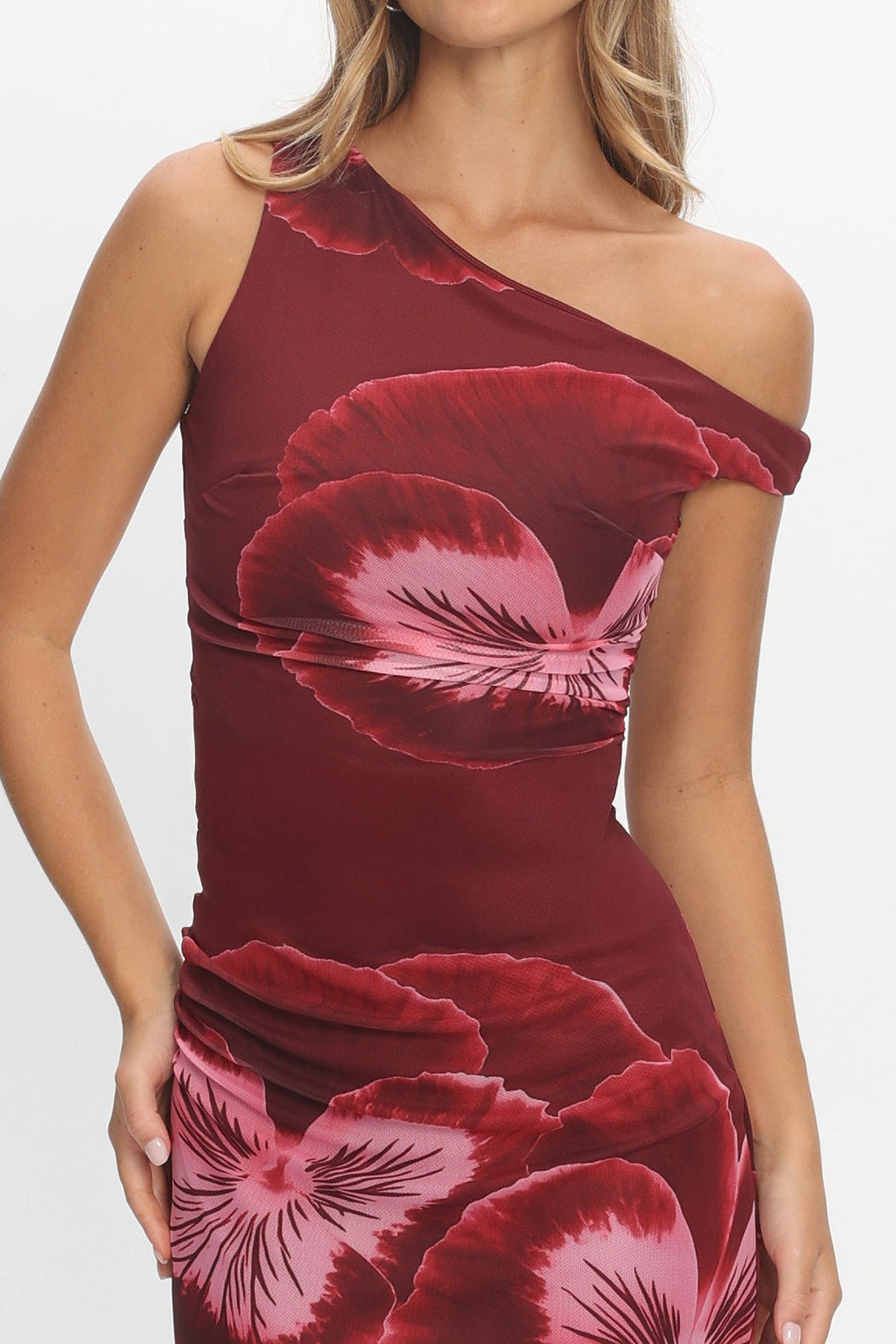 Gala Asymmetric Neckline Maxi Dress Floral Wine