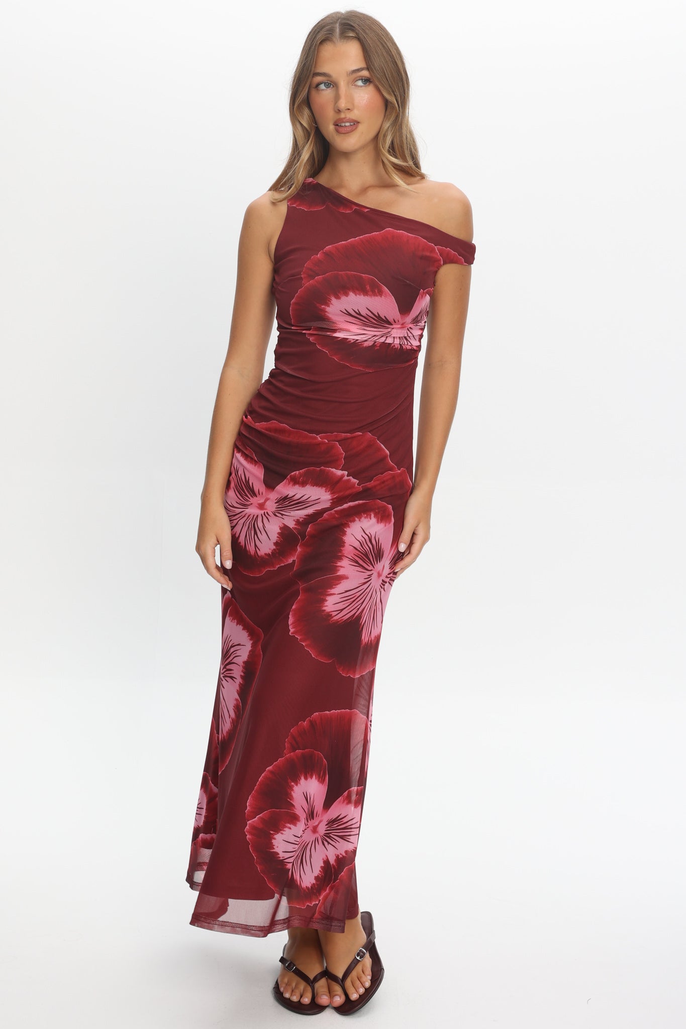 Gala Asymmetric Neckline Maxi Dress Floral Wine