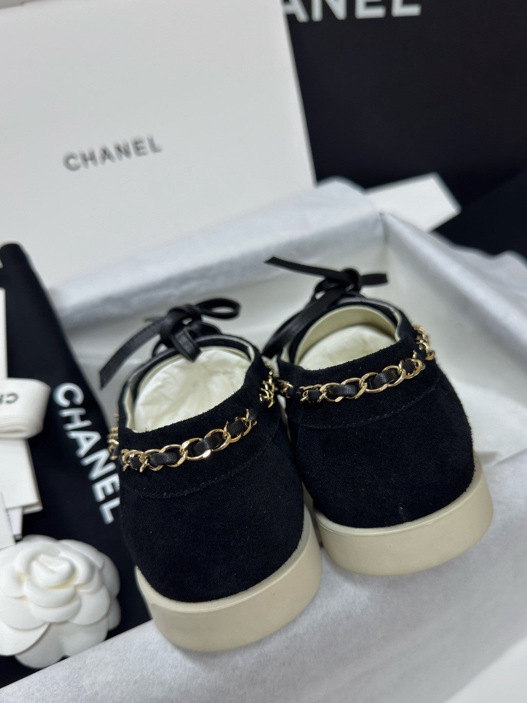 Chanel Moccasins Suede Calfskin Black Light Gray #336618