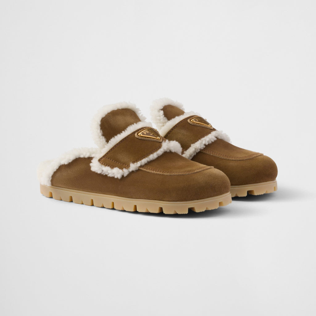 Prada Women's Fall/winter Casual Round Toe Slip On Fleece Lined Triangular Logo Birkenstock Style Slippers Shoes #79271