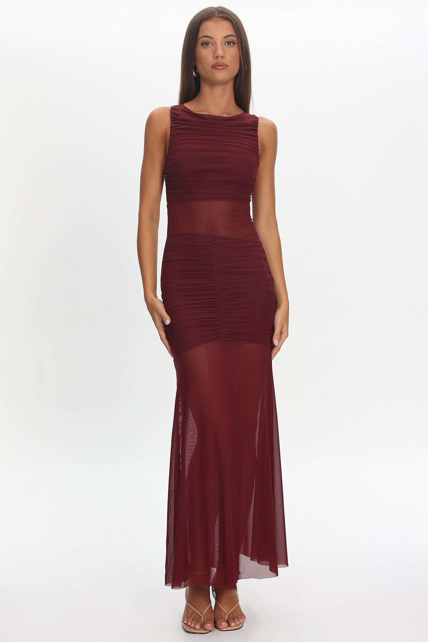 Sade Sheer Panel Ruched Maxi Dress Wine