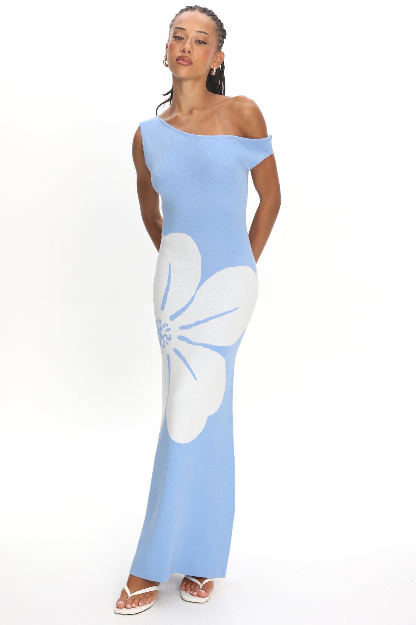 Wildflower Sun Asymmetric Neckline Knit Dress Flower Blue