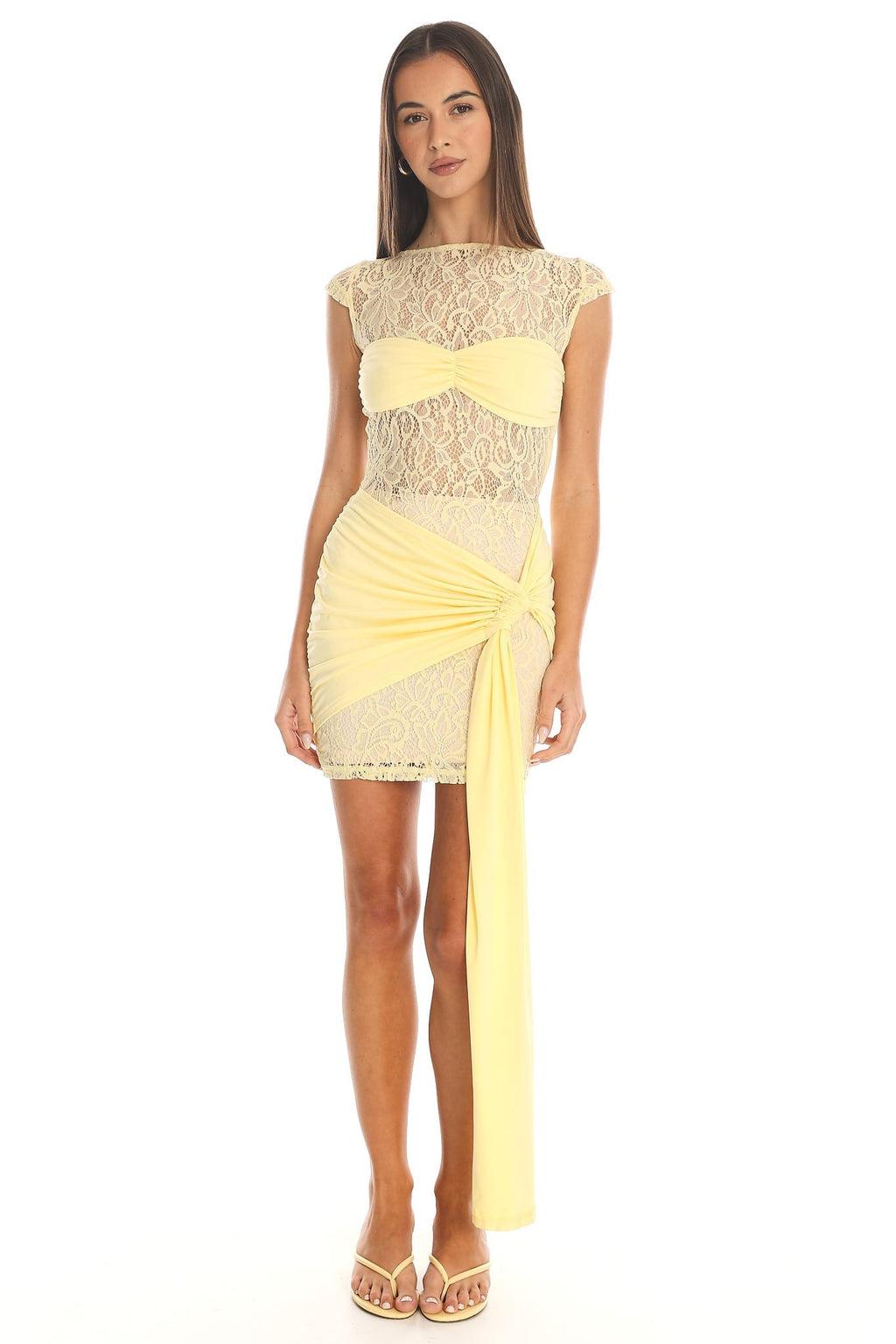 Baie Hip Sash Lace Overlay Mini Dress Lemon