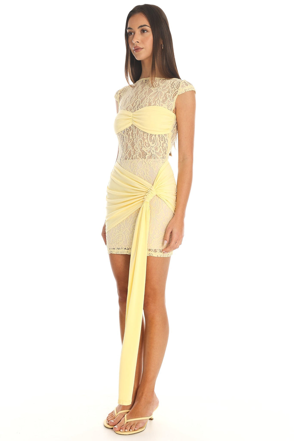 Baie Hip Sash Lace Overlay Mini Dress Lemon