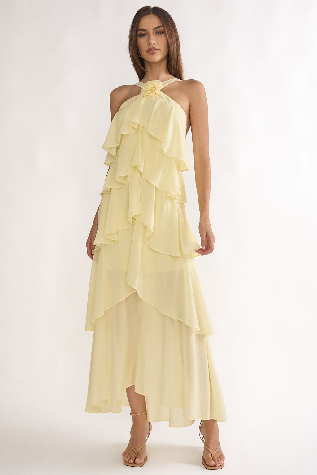 Darylyn Tiered Ruffle Rosette Maxi Dress Yellow