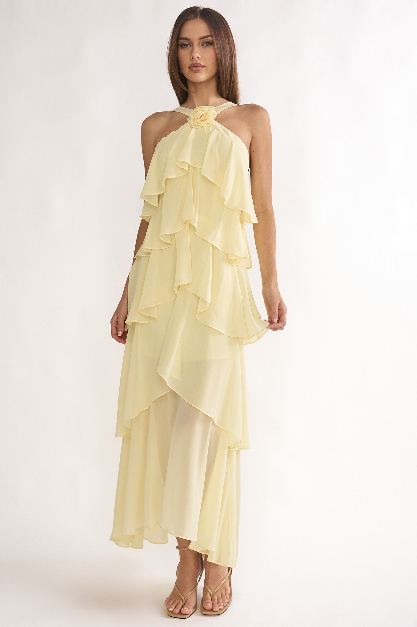 Darylyn Tiered Ruffle Rosette Maxi Dress Yellow