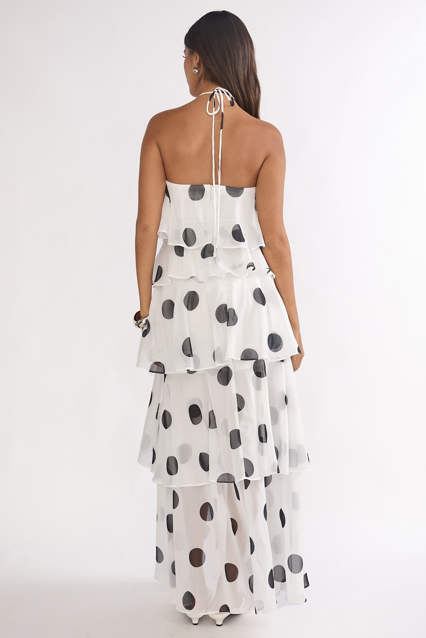 Darylyn Tiered Ruffle Maxi Dress Polka Dot White