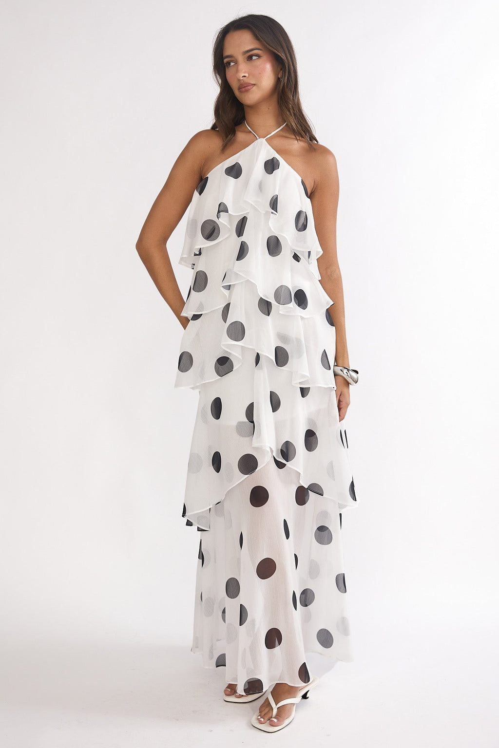 Darylyn Tiered Ruffle Maxi Dress Polka Dot White