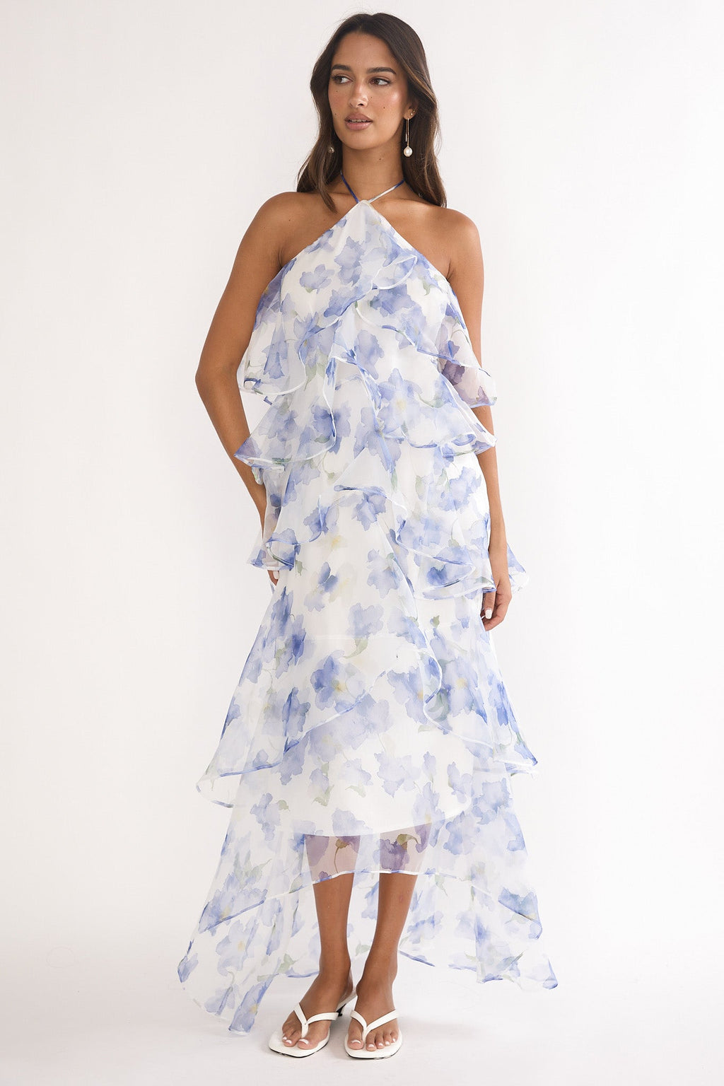 Darylyn Tiered Ruffle Maxi Dress Floral Blue