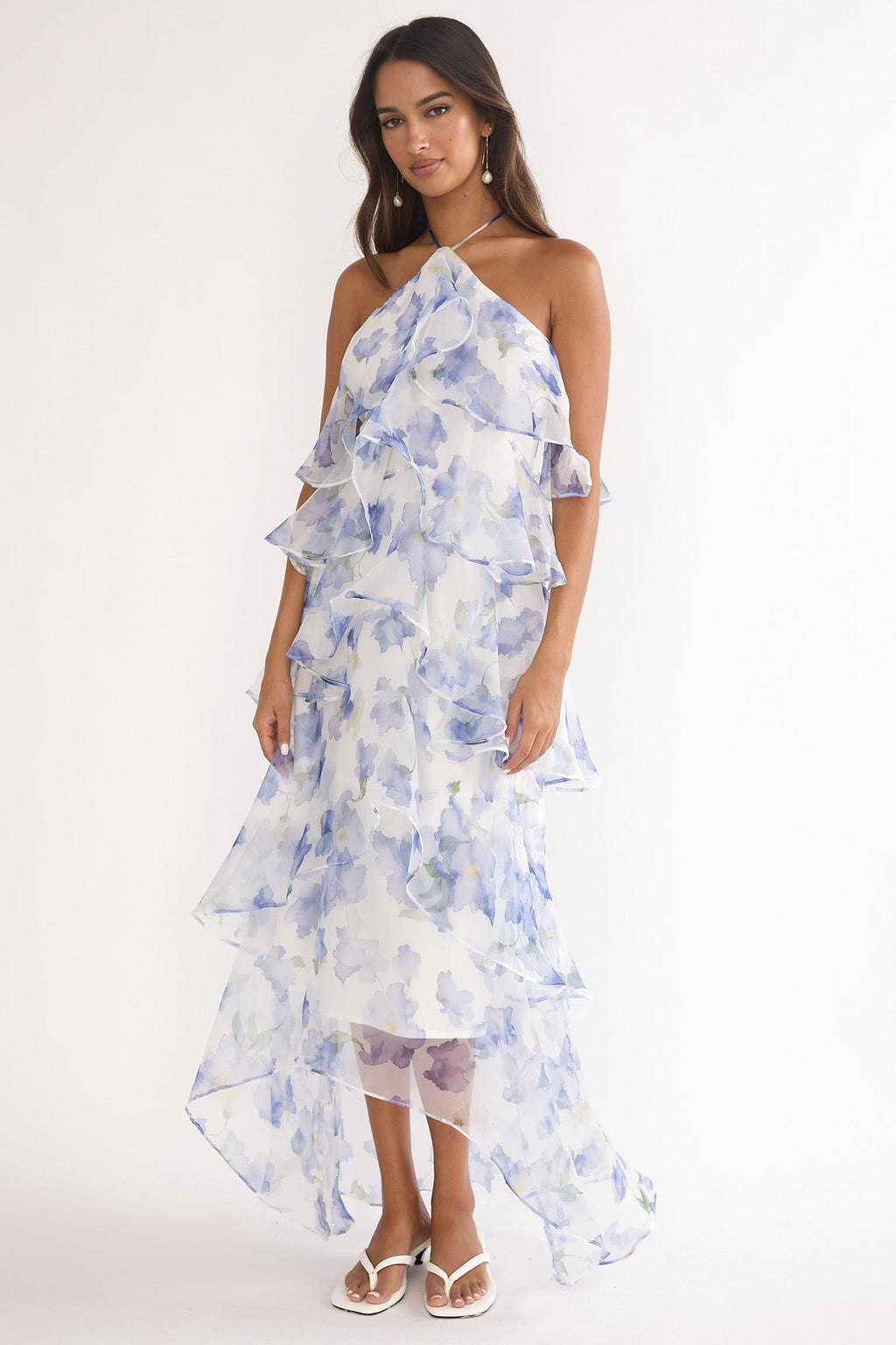 Darylyn Tiered Ruffle Maxi Dress Floral Blue