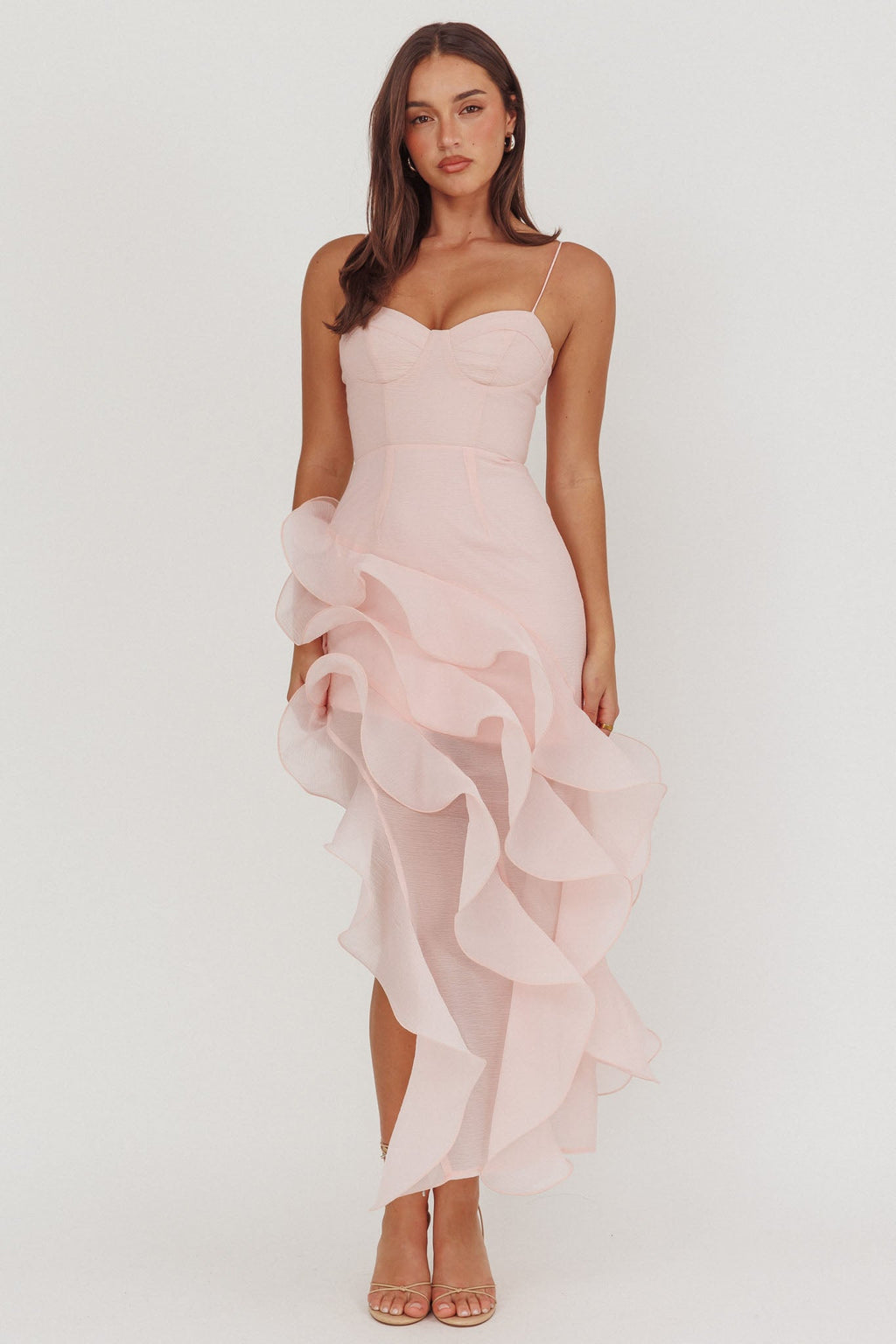 Charmayne Asymmetric Ruffle Trim Maxi Dress Pink