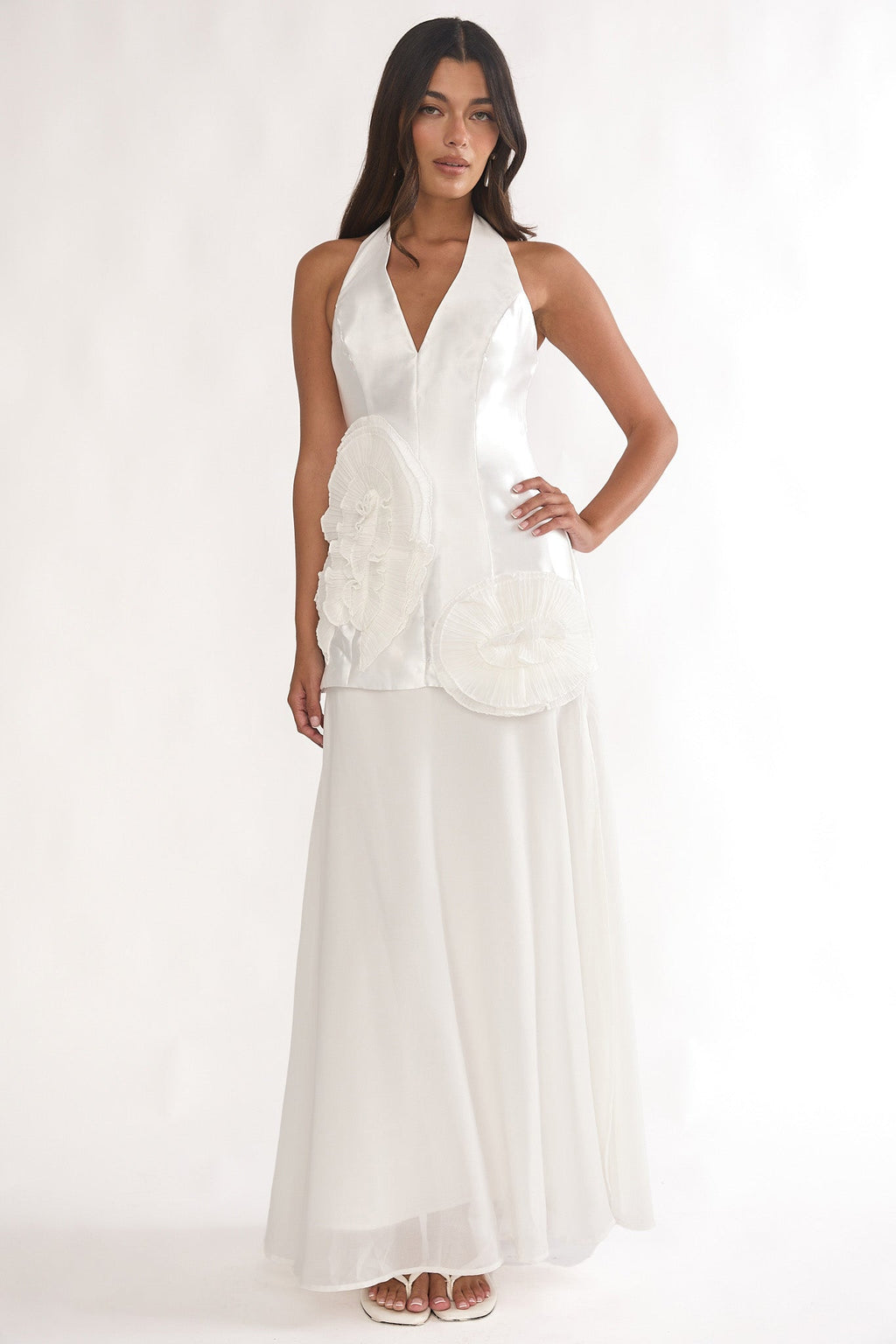 Elyria 3D Ruffle Halter Maxi Dress White